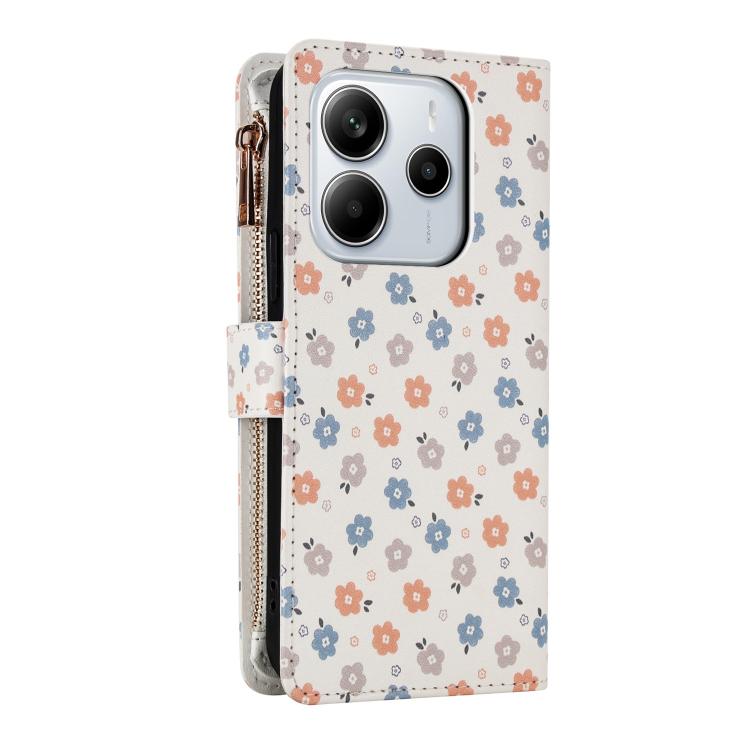 For Redmi Note 14 4G 163.25mm Flower Pattern Zipper Wallet Vegan Leather Phone Case with Lanyard