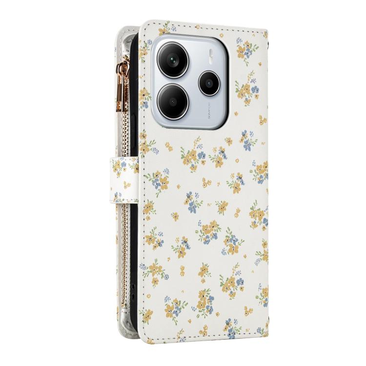 For Redmi Note 14 4G 163.25mm Flower Pattern Zipper Wallet Vegan Leather Phone Case with Lanyard