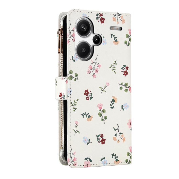 For Redmi Note 13 Pro+ Global Flower Pattern Zipper Wallet Vegan Leather Phone Case with Lanyard