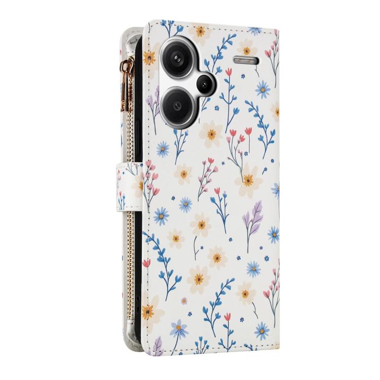 For Redmi Note 13 Pro+ Global Flower Pattern Zipper Wallet Vegan Leather Phone Case with Lanyard