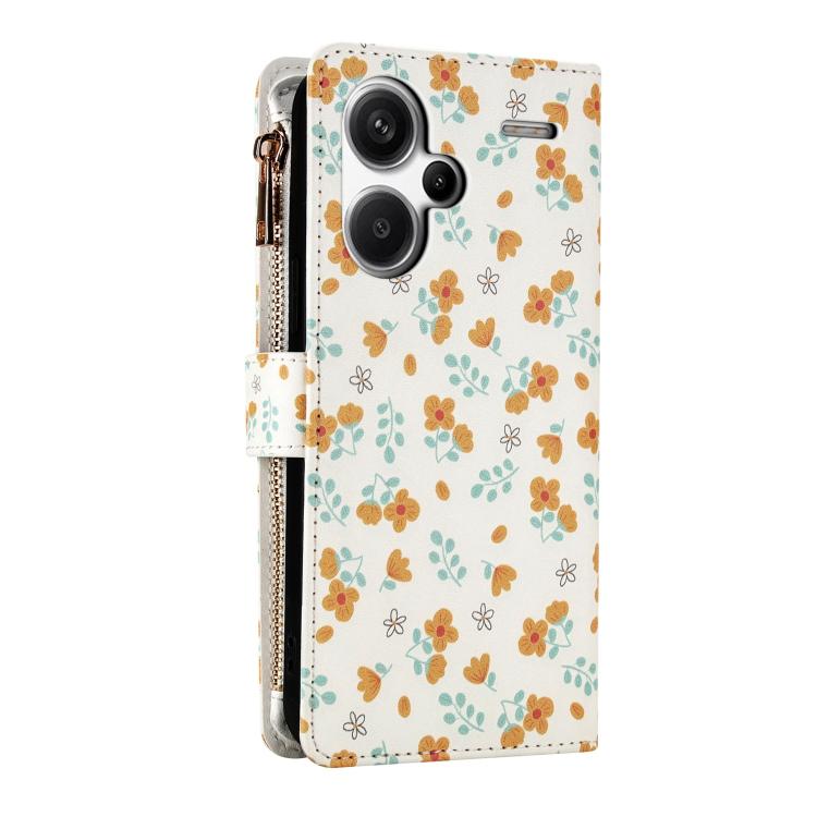 For Redmi Note 13 Pro+ Global Flower Pattern Zipper Wallet Vegan Leather Phone Case with Lanyard