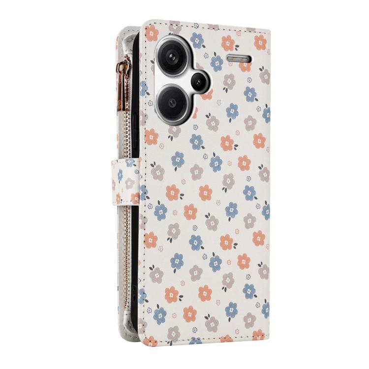 For Redmi Note 13 Pro+ Global Flower Pattern Zipper Wallet Vegan Leather Phone Case with Lanyard