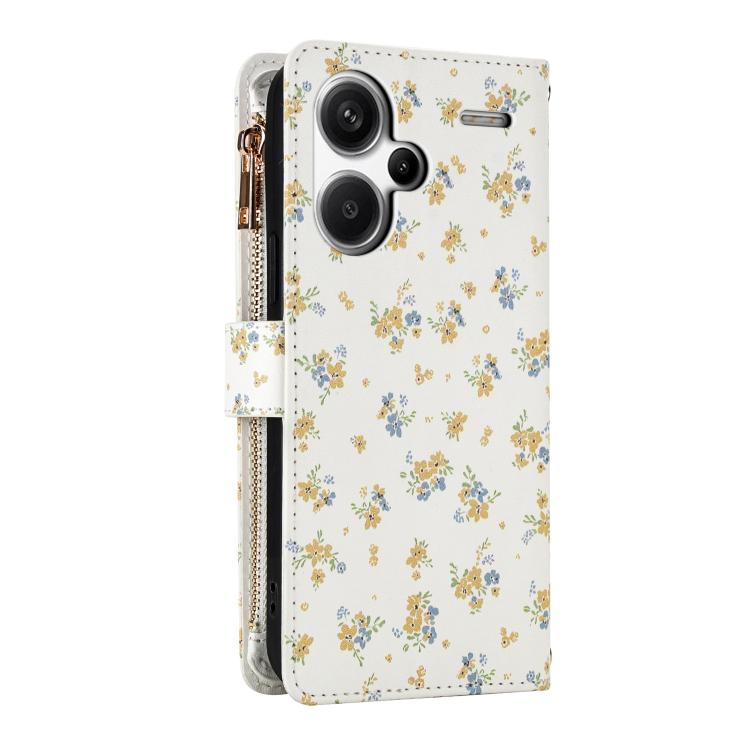 For Redmi Note 13 Pro+ Global Flower Pattern Zipper Wallet Vegan Leather Phone Case with Lanyard