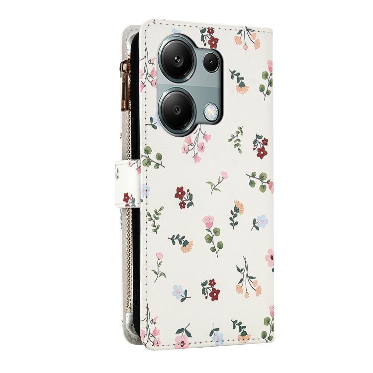 For Redmi Note 13 Pro 4G / Poco M6 Pro 4G Flower Pattern Zipper Wallet Vegan Leather Phone Case with Lanyard