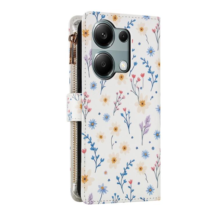 For Redmi Note 13 Pro 4G / Poco M6 Pro 4G Flower Pattern Zipper Wallet Vegan Leather Phone Case with Lanyard