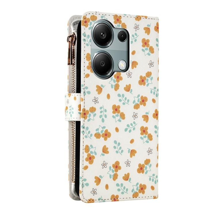For Redmi Note 13 Pro 4G / Poco M6 Pro 4G Flower Pattern Zipper Wallet Vegan Leather Phone Case with Lanyard