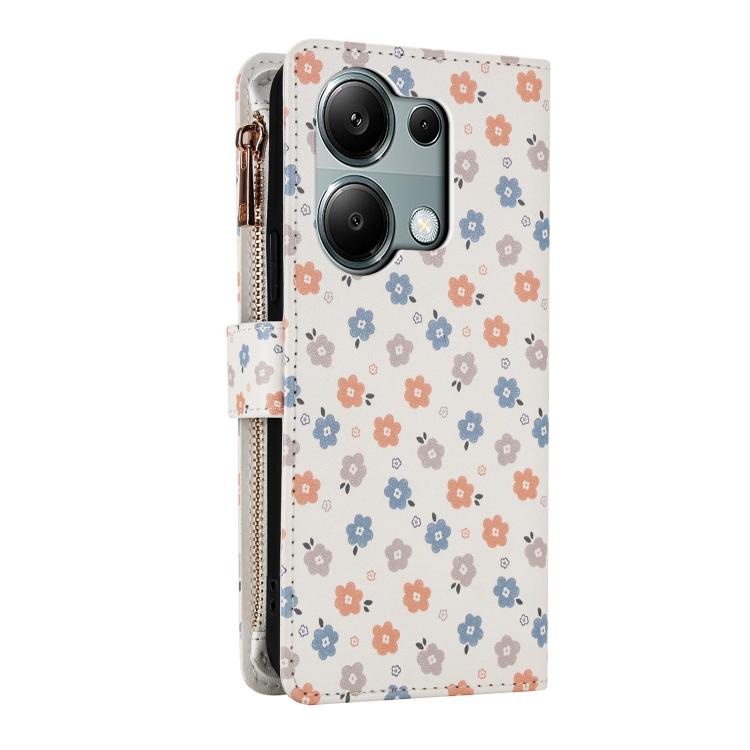 For Redmi Note 13 Pro 4G / Poco M6 Pro 4G Flower Pattern Zipper Wallet Vegan Leather Phone Case with Lanyard