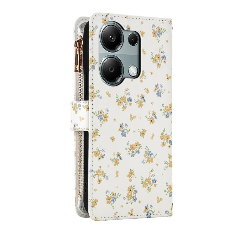 For Redmi Note 13 Pro 4G / Poco M6 Pro 4G Flower Pattern Zipper Wallet Vegan Leather Phone Case with Lanyard
