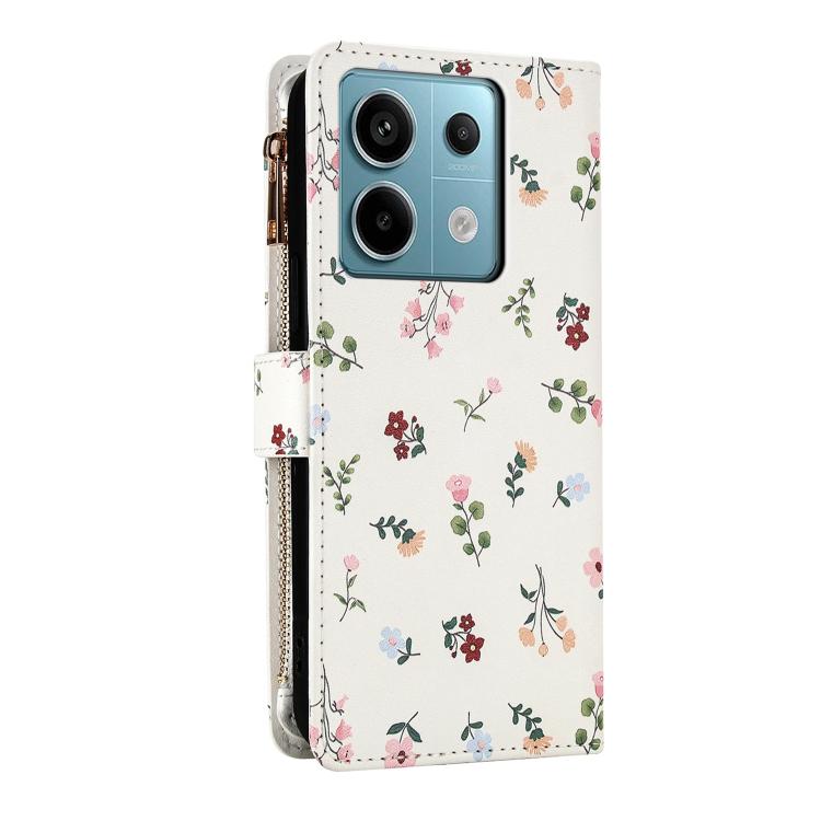 For Redmi Note 13 5G Global Flower Pattern Zipper Wallet Vegan Leather Phone Case with Lanyard