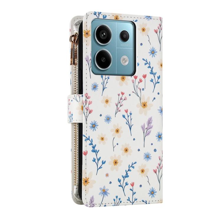 For Redmi Note 13 5G Global Flower Pattern Zipper Wallet Vegan Leather Phone Case with Lanyard