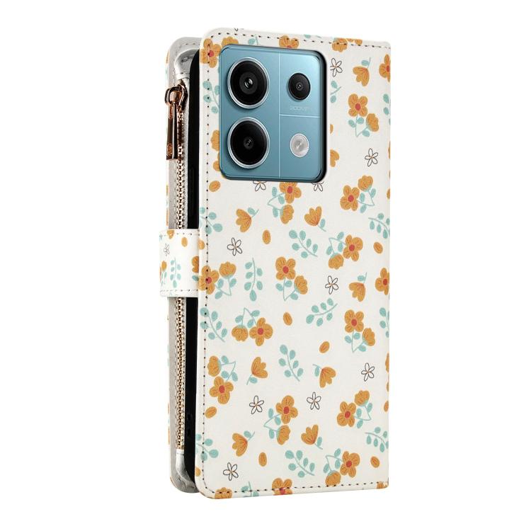 For Redmi Note 13 5G Global Flower Pattern Zipper Wallet Vegan Leather Phone Case with Lanyard