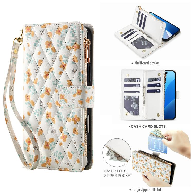 For Redmi Note 13 5G Global Flower Pattern Zipper Wallet Vegan Leather Phone Case with Lanyard