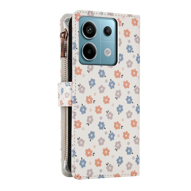 For Redmi Note 13 5G Global Flower Pattern Zipper Wallet Vegan Leather Phone Case with Lanyard