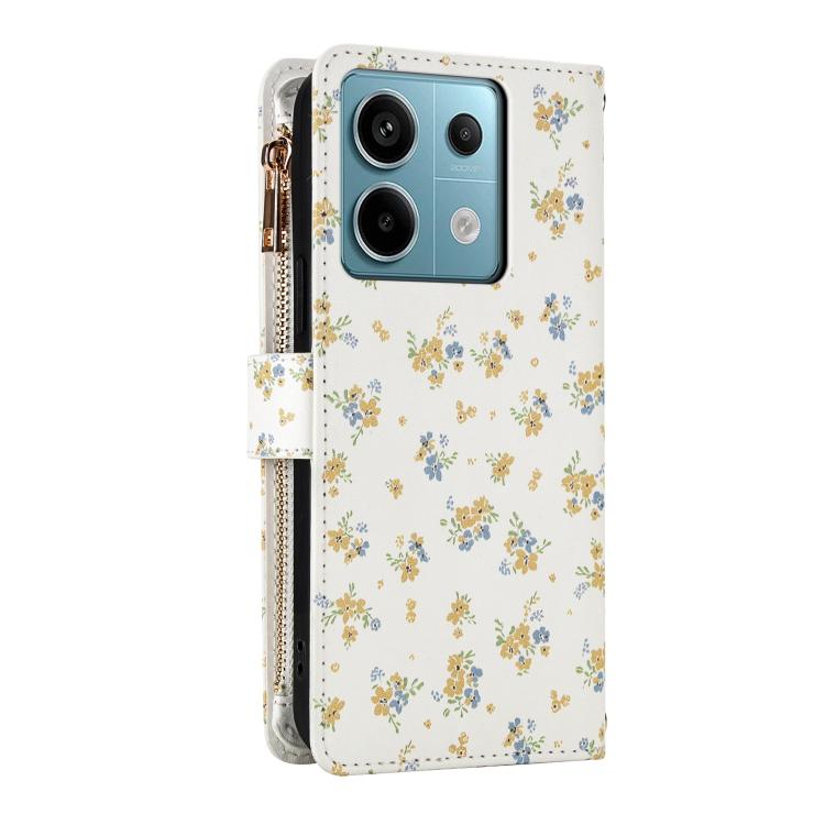 For Redmi Note 13 5G Global Flower Pattern Zipper Wallet Vegan Leather Phone Case with Lanyard