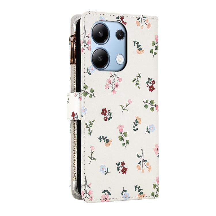 For Redmi Note 13 4G Global Flower Pattern Zipper Wallet Vegan Leather Phone Case with Lanyard