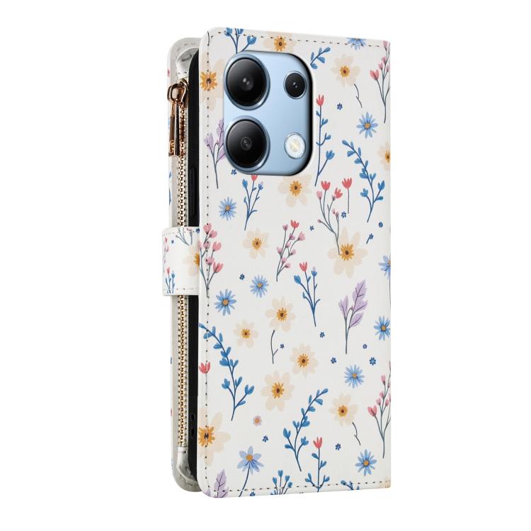 For Redmi Note 13 4G Global Flower Pattern Zipper Wallet Vegan Leather Phone Case with Lanyard