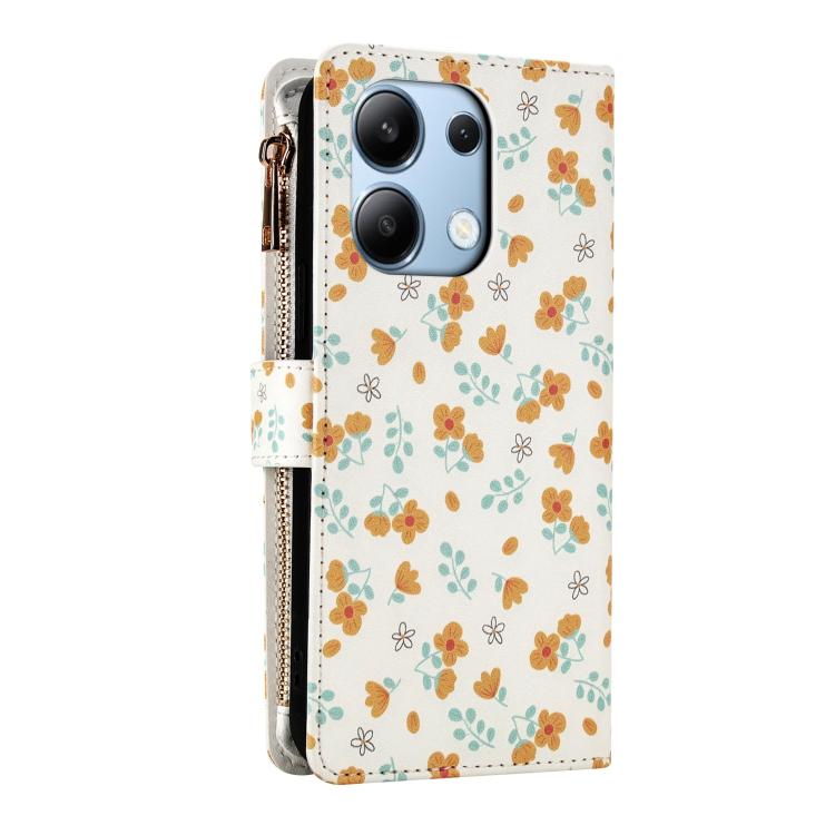 For Redmi Note 13 4G Global Flower Pattern Zipper Wallet Vegan Leather Phone Case with Lanyard