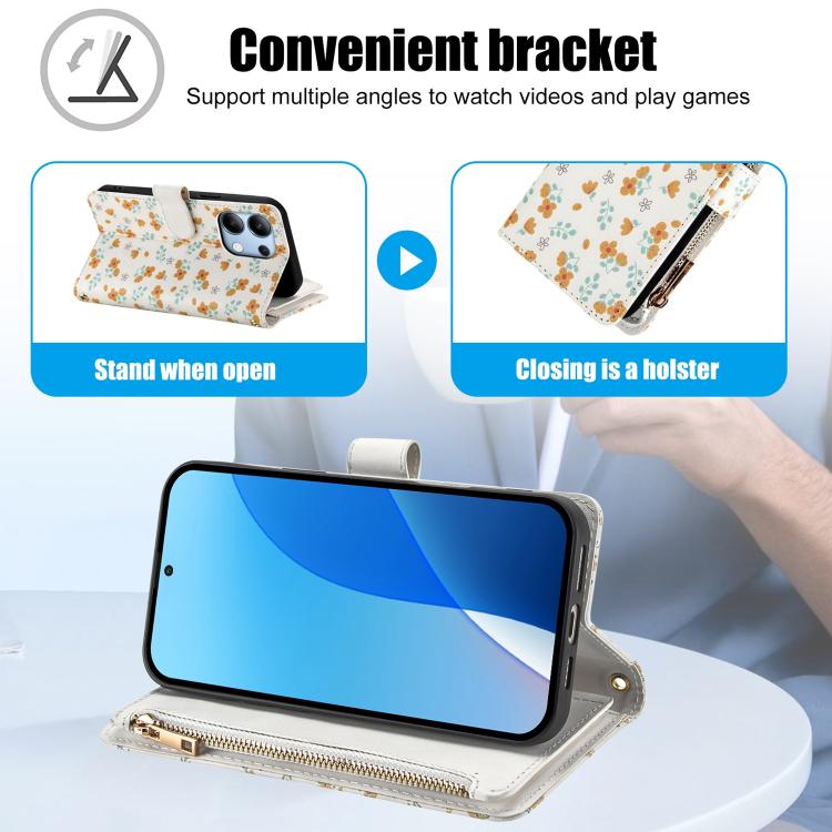 For Redmi Note 13 4G Global Flower Pattern Zipper Wallet Vegan Leather Phone Case with Lanyard
