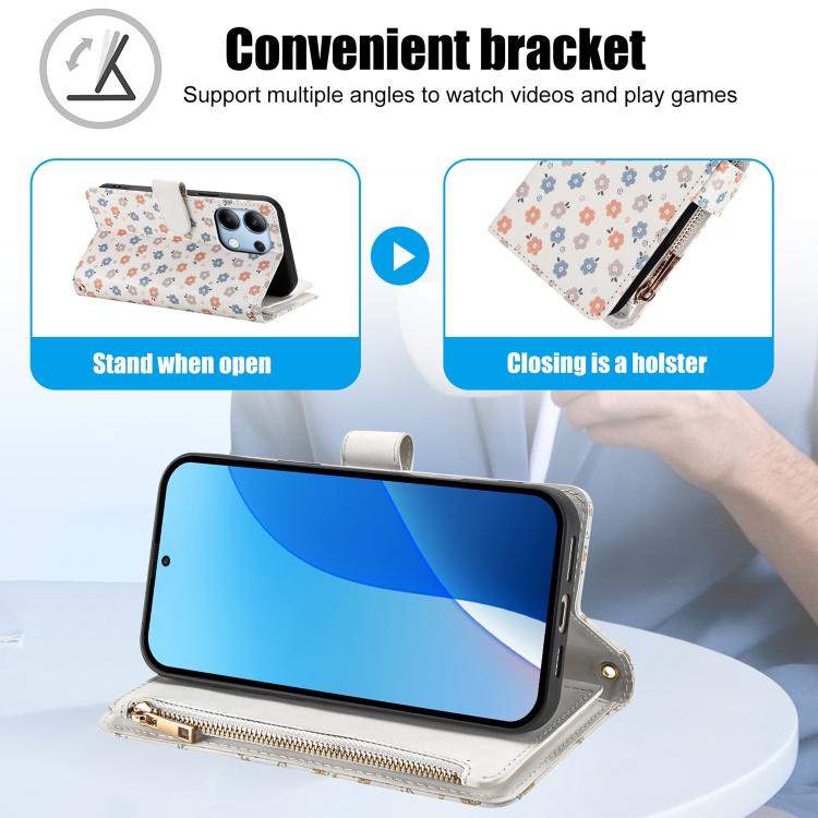 For Redmi Note 13 4G Global Flower Pattern Zipper Wallet Vegan Leather Phone Case with Lanyard