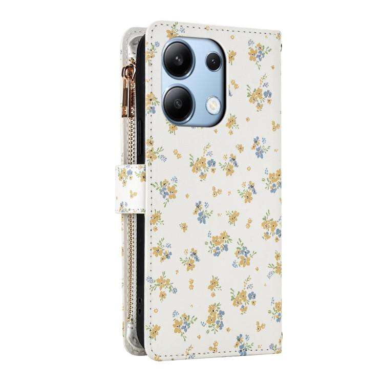 For Redmi Note 13 4G Global Flower Pattern Zipper Wallet Vegan Leather Phone Case with Lanyard