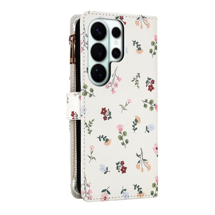 For Samsung Galaxy S26 Ultra 5G Flower Pattern Zipper Wallet Vegan Leather Phone Case with Lanyard