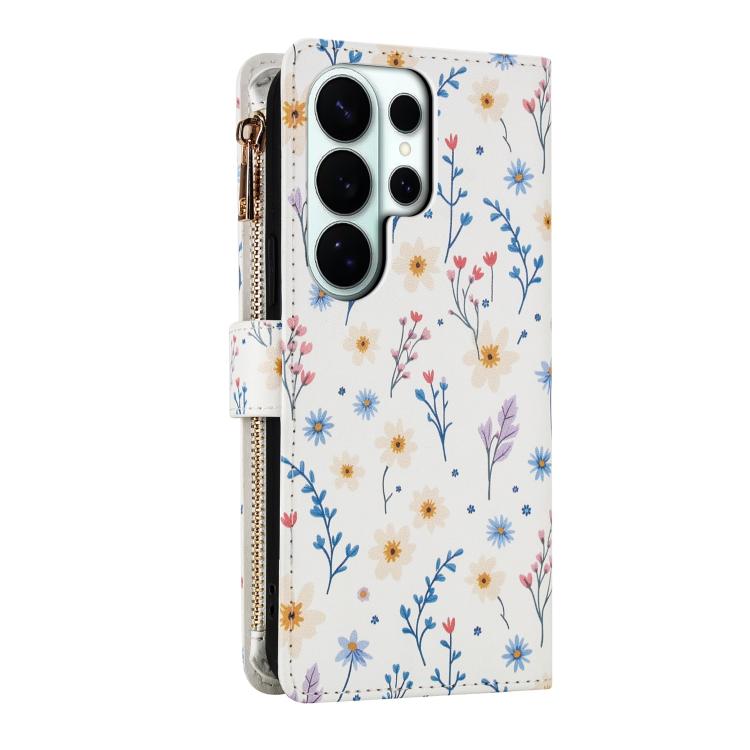 For Samsung Galaxy S26 Ultra 5G Flower Pattern Zipper Wallet Vegan Leather Phone Case with Lanyard