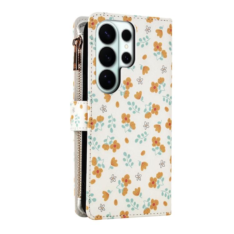 For Samsung Galaxy S26 Ultra 5G Flower Pattern Zipper Wallet Vegan Leather Phone Case with Lanyard