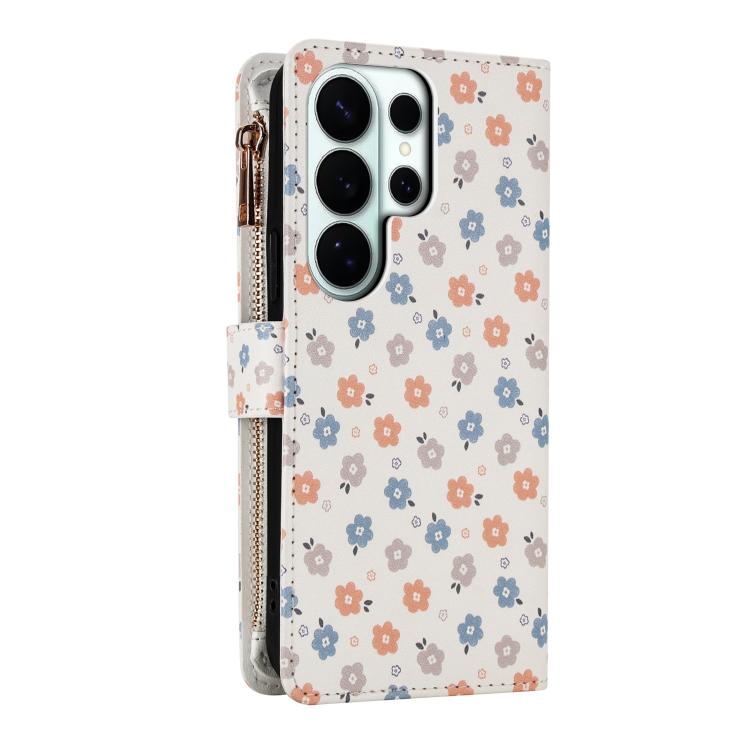 For Samsung Galaxy S26 Ultra 5G Flower Pattern Zipper Wallet Vegan Leather Phone Case with Lanyard