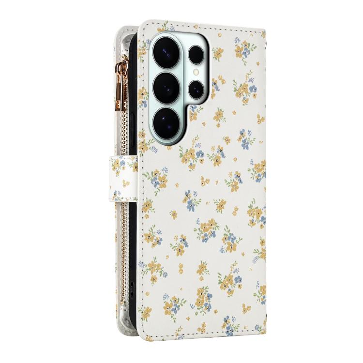 For Samsung Galaxy S26 Ultra 5G Flower Pattern Zipper Wallet Vegan Leather Phone Case with Lanyard