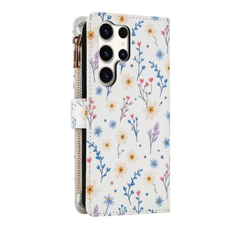 For Samsung Galaxy S25 Ultra 5G Flower Pattern Zipper Wallet Vegan Leather Phone Case with Lanyard