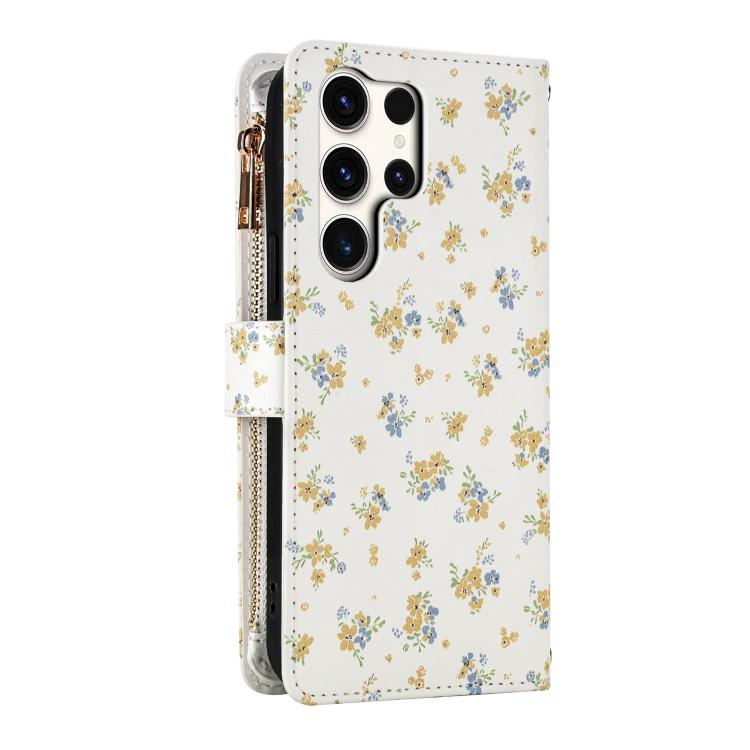 For Samsung Galaxy S25 Ultra 5G Flower Pattern Zipper Wallet Vegan Leather Phone Case with Lanyard