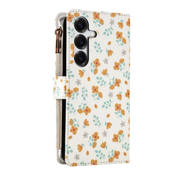 For Samsung Galaxy S25 FE 5G Flower Pattern Zipper Wallet Vegan Leather Phone Case with Lanyard