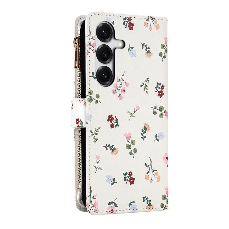 For Samsung Galaxy S25+ / S24+ 5G Flower Pattern Zipper Wallet Vegan Leather Phone Case with Lanyard