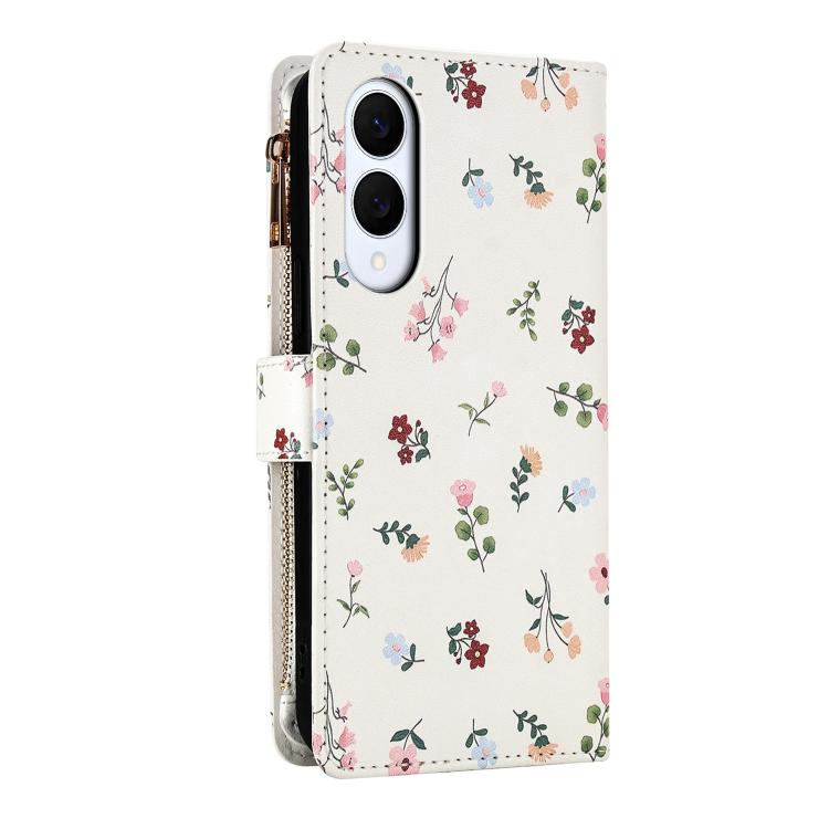 For Samsung Galaxy S25 Edge 5G Flower Pattern Zipper Wallet Vegan Leather Phone Case with Lanyard
