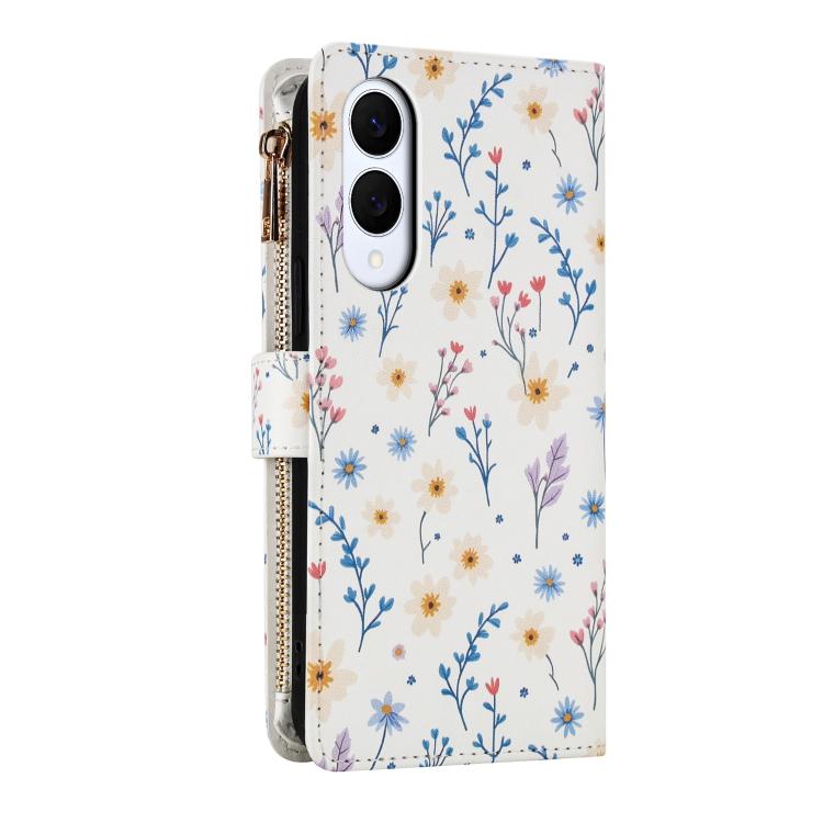 For Samsung Galaxy S25 Edge 5G Flower Pattern Zipper Wallet Vegan Leather Phone Case with Lanyard