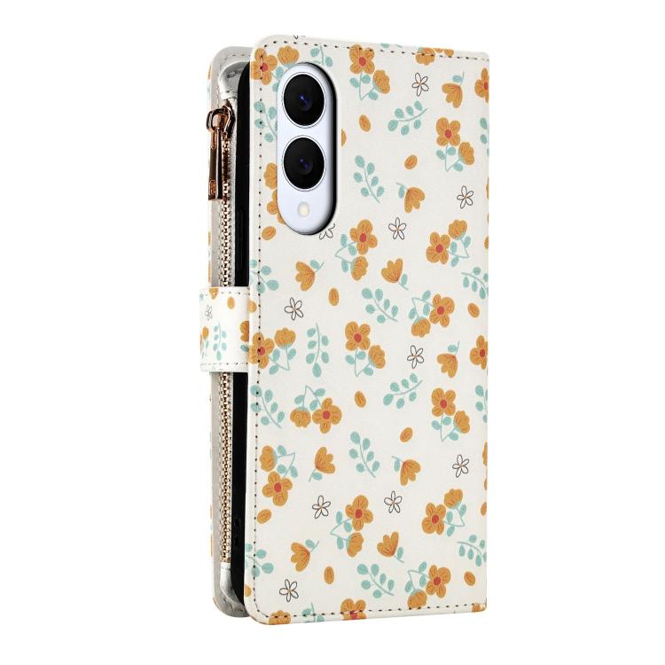 For Samsung Galaxy S25 Edge 5G Flower Pattern Zipper Wallet Vegan Leather Phone Case with Lanyard