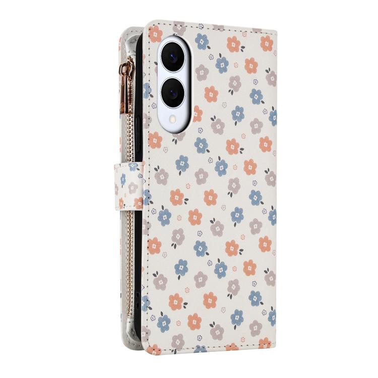 For Samsung Galaxy S25 Edge 5G Flower Pattern Zipper Wallet Vegan Leather Phone Case with Lanyard