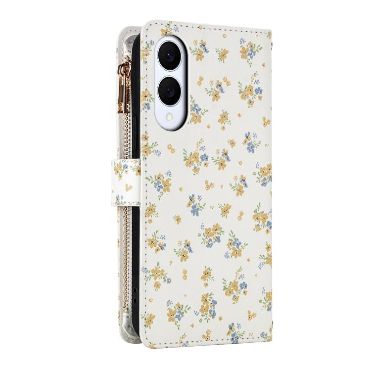 For Samsung Galaxy S25 Edge 5G Flower Pattern Zipper Wallet Vegan Leather Phone Case with Lanyard