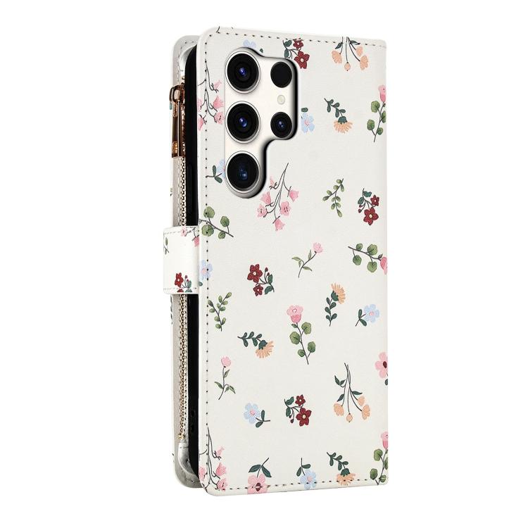 For Samsung Galaxy S24 Ultra 5G Flower Pattern Zipper Wallet Vegan Leather Phone Case with Lanyard