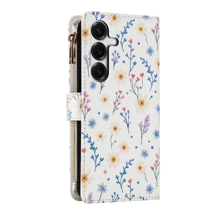 For Samsung Galaxy S24 FE 5G Flower Pattern Zipper Wallet Vegan Leather Phone Case with Lanyard