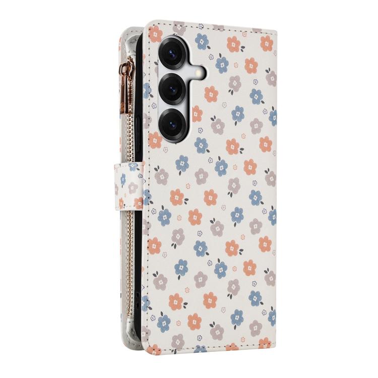 For Samsung Galaxy S24 FE 5G Flower Pattern Zipper Wallet Vegan Leather Phone Case with Lanyard