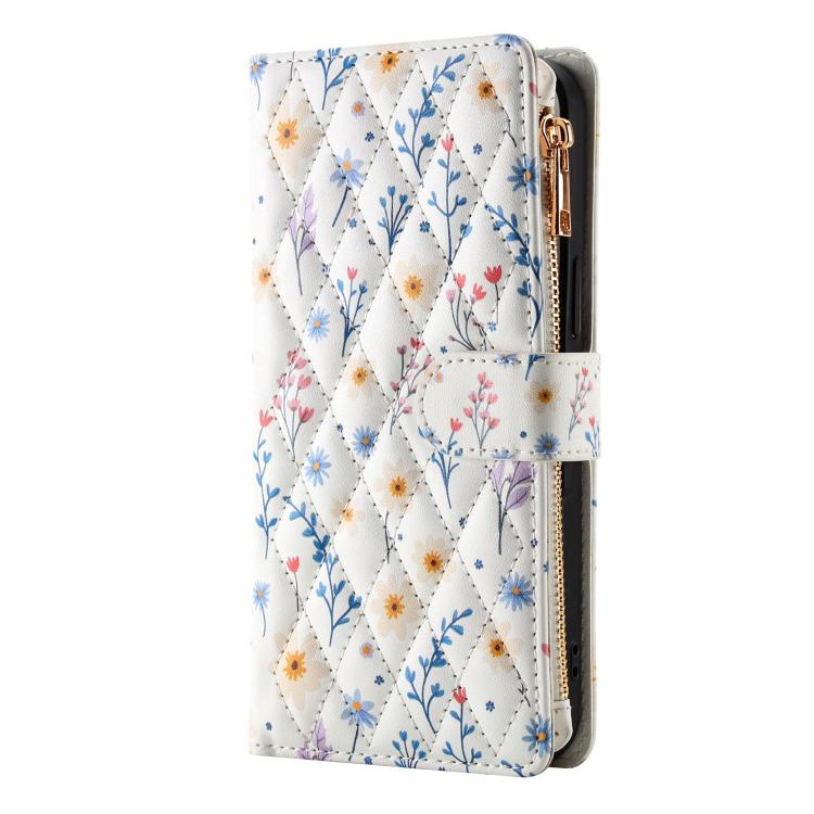 For Samsung Galaxy S23 Ultra 5G Flower Pattern Zipper Wallet Vegan Leather Phone Case with Lanyard