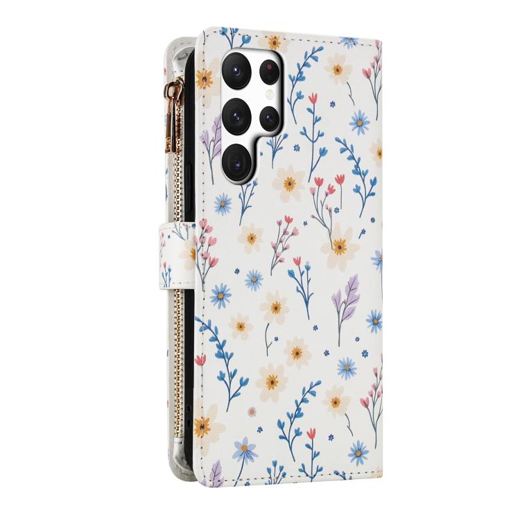 For Samsung Galaxy S23 Ultra 5G Flower Pattern Zipper Wallet Vegan Leather Phone Case with Lanyard