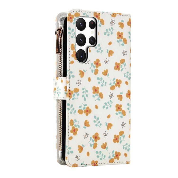 For Samsung Galaxy S23 Ultra 5G Flower Pattern Zipper Wallet Vegan Leather Phone Case with Lanyard