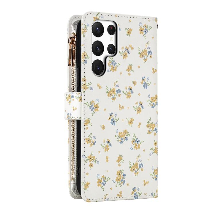 For Samsung Galaxy S23 Ultra 5G Flower Pattern Zipper Wallet Vegan Leather Phone Case with Lanyard