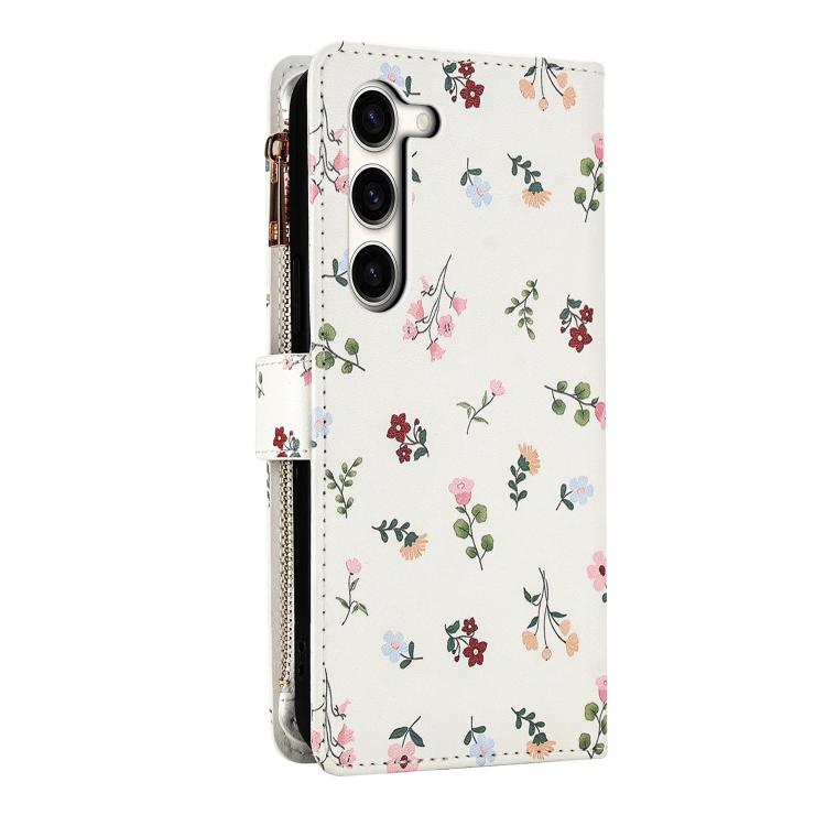 For Samsung Galaxy S23+ 5G Flower Pattern Zipper Wallet Vegan Leather Phone Case with Lanyard