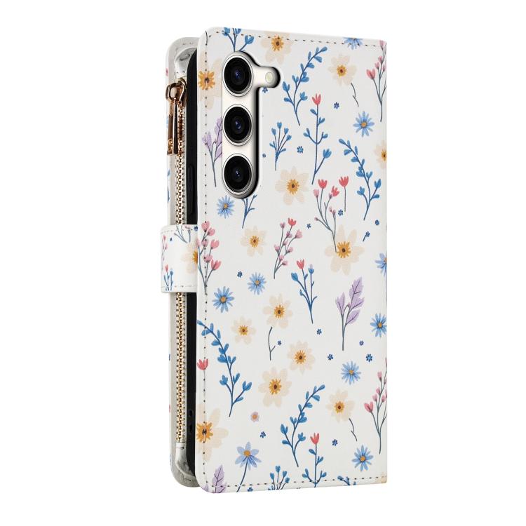 For Samsung Galaxy S23+ 5G Flower Pattern Zipper Wallet Vegan Leather Phone Case with Lanyard