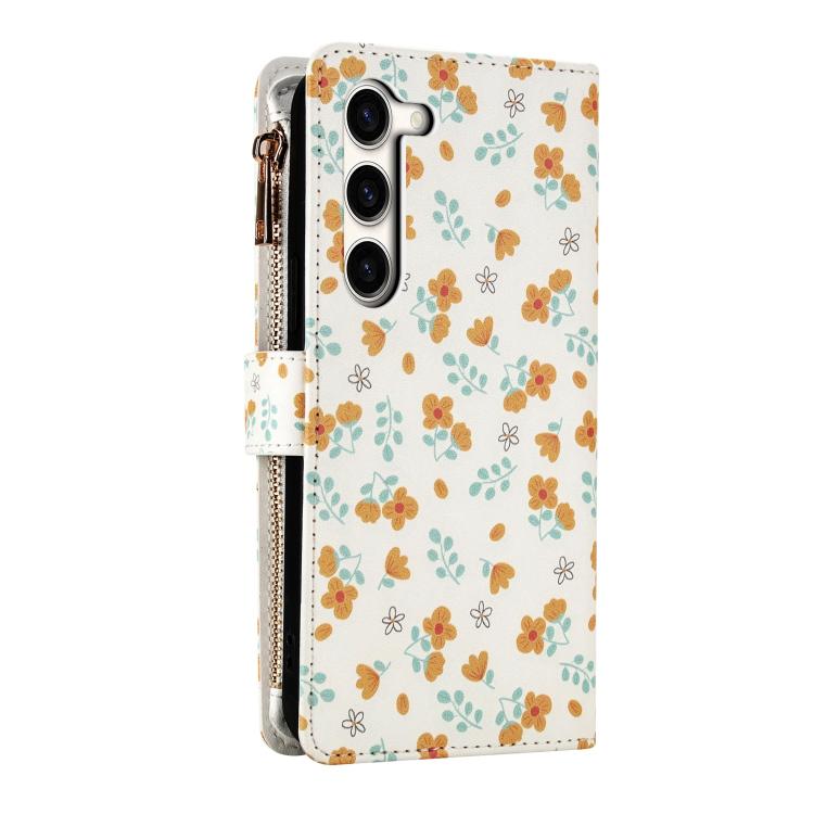 For Samsung Galaxy S23+ 5G Flower Pattern Zipper Wallet Vegan Leather Phone Case with Lanyard