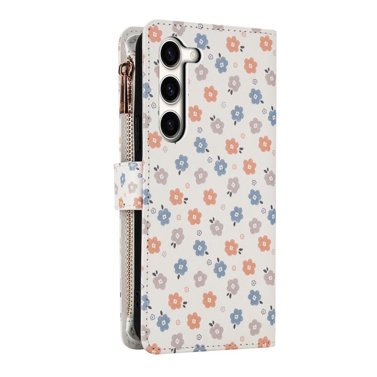 For Samsung Galaxy S23+ 5G Flower Pattern Zipper Wallet Vegan Leather Phone Case with Lanyard
