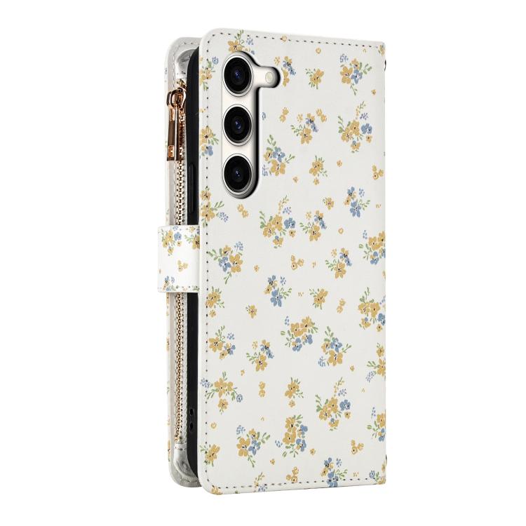 For Samsung Galaxy S23+ 5G Flower Pattern Zipper Wallet Vegan Leather Phone Case with Lanyard